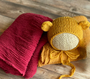 Mustard Yellow Bear Bonnet & Wrap Set