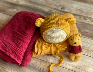 Mustard Yellow Bear Bonnet, Pooh Bear & Wrap Set