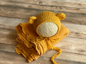 Mustard Yellow Bear Bonnet & Wrap Set