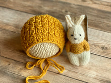 Load image into Gallery viewer, Mustard Yellow Avery Bonnet, Bunny &amp; Wrap Set
