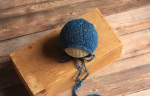 Load image into Gallery viewer, Tweed Storm Blue Newborn Bonnet
