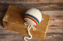 Laden Sie das Bild in den Galerie-Viewer, Classic Rainbow Baby Knit Bonnet, Photography Prop, Newborn
